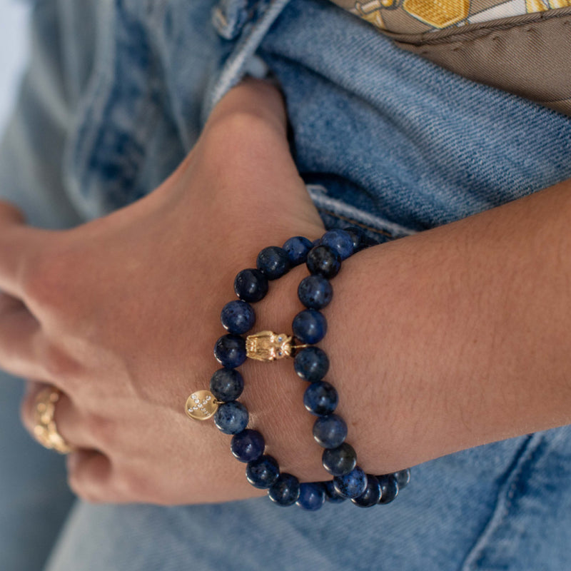 Blue Beaded X Disc Diamond Charm Bracelet